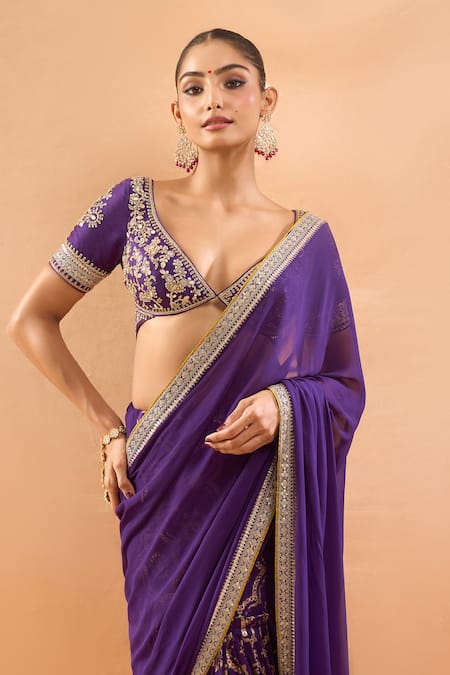 Buy_Gopi Vaid_Purple Georgette, Tussar Embroidery, Zari V-neck Saree With Padded Blouse 