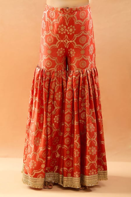 Gopi Vaid Orange Tussar, Organza Embroidery, Zari, Gota Patti Round Kurta And Sharara Set at Aza Fashions Gopi Vaid_Orange Tussar, Organza Embroidery, Zari, Gota Patti Round Kurta And Sharara Set _at_Aza_Fashions