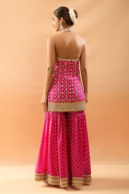 Gopi Vaid Geometric Embroidered Halter Kurta Sharara Set