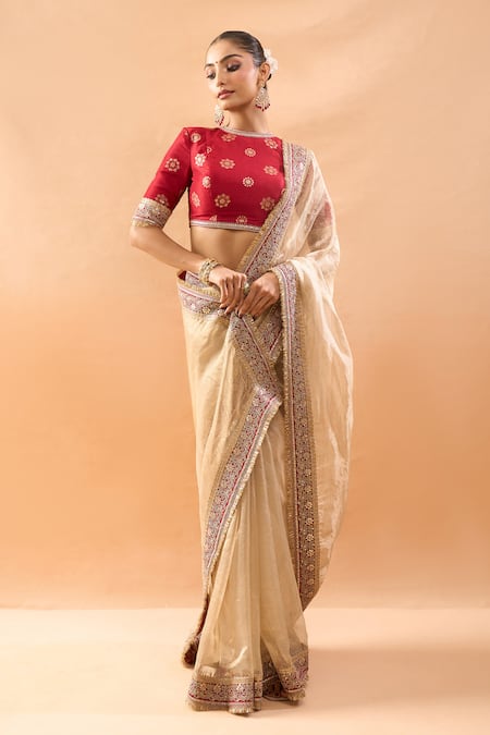Shop_Gopi Vaid_Ivory Organza, Tissue, Tussar Embroidery, Zari Round Neck Saree And Blouse 
