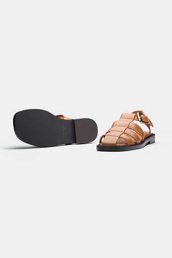 Oroh_Tan Maura Woven Strap Flats With Vintage Buckle _Online_at_Aza_Fashions