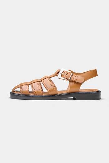 Buy_Oroh_Tan Maura Woven Strap Flats With Vintage Buckle _Online_at_Aza_Fashions