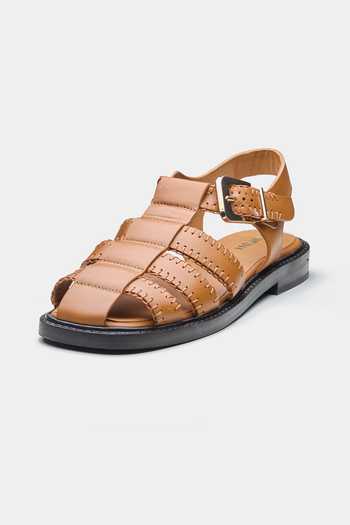 Shop_Oroh_Tan Maura Woven Strap Flats With Vintage Buckle _Online_at_Aza_Fashions