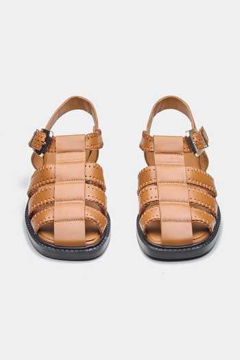 Oroh_Tan Maura Woven Strap Flats With Vintage Buckle _at_Aza_Fashions