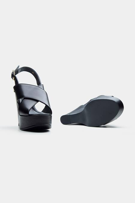 Oroh_Black Gabriela Genuine Leather Crossed Strap Wedge Sandals _Online_at_Aza_Fashions