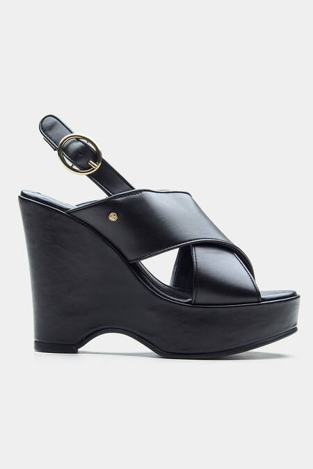 Oroh_Black Gabriela Genuine Leather Crossed Strap Wedge Sandals _at_Aza_Fashions