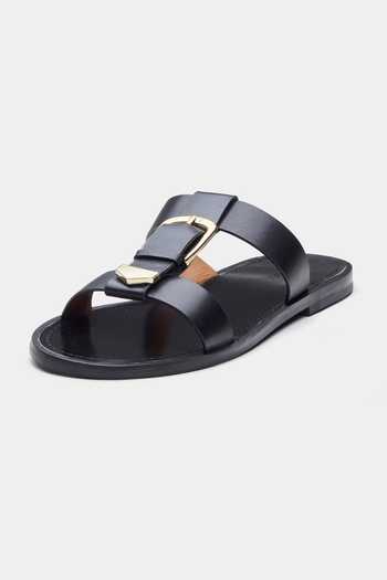 Oroh_Black Angela Genuine Leather Strap Flats With Metallic Buckle _at_Aza_Fashions