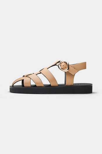 Shop_Oroh_Tan Francisca Cage-style Strap Flats _Online_at_Aza_Fashions