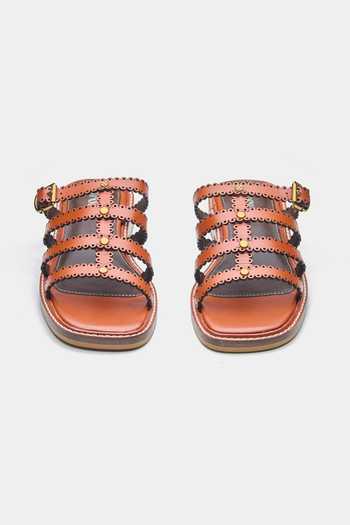 Buy Oroh Tan Ines Scallop Strap Buckle Detail Flats Buy_Oroh_Tan Ines Scallop Strap Buckle Detail Flats