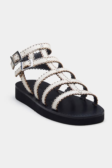 Buy_Oroh_White Xiomara Scalloped Strap Genuine Leather Flats 