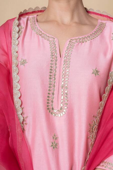 Shop_Kameez_Pink Chanderi, Cotton, Organza Gota Patti, Lace, Cut Rose Blush Kurta Set _Online_at_Aza_Fashions