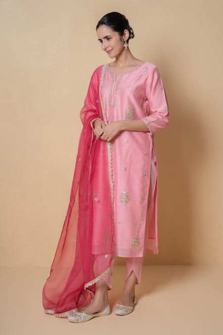 Buy_Kameez_Pink Chanderi, Cotton, Organza Gota Patti, Lace, Cut Rose Blush Kurta Set 