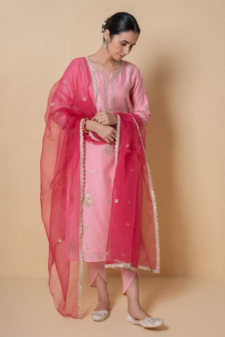 Shop_Kameez_Pink Chanderi, Cotton, Organza Gota Patti, Lace, Cut Rose Blush Kurta Set 