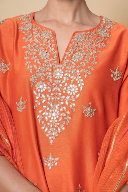Kameez_Orange Chanderi, Cotton, Kota Doria Patti, Coral Sunset Kurta Set _Online_at_Aza_Fashions