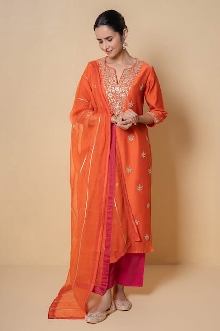 Kameez Coral Sunset Gota Patti Chanderi Kurta Set 