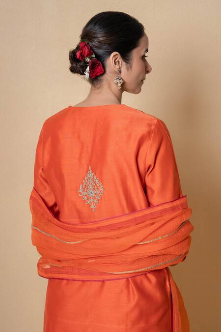 Buy_Kameez_Orange Chanderi, Cotton, Kota Doria Patti, Coral Sunset Kurta Set _Online_at_Aza_Fashions
