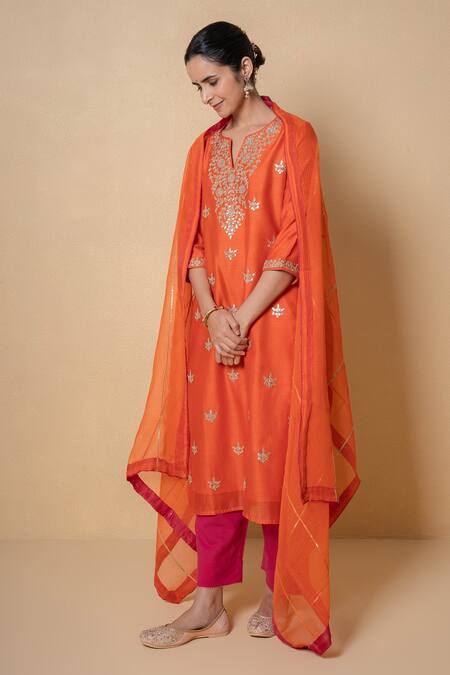 Shop_Kameez_Orange Chanderi, Cotton, Kota Doria Patti, Coral Sunset Kurta Set _Online_at_Aza_Fashions