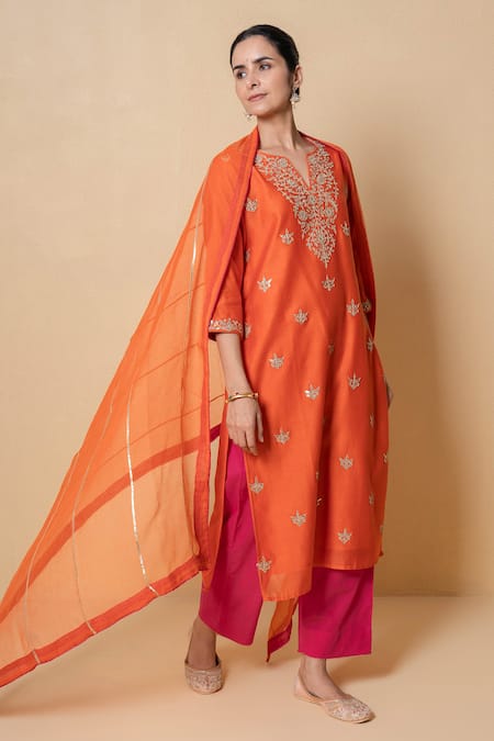 Kameez_Orange Chanderi, Cotton, Kota Doria Patti, Coral Sunset Kurta Set _at_Aza_Fashions
