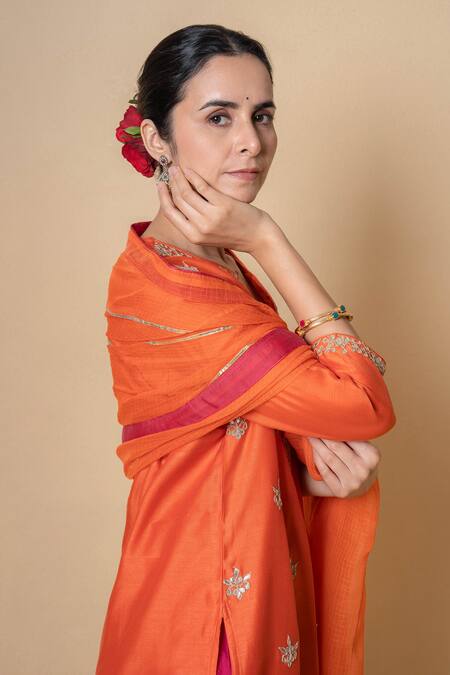 Buy_Kameez_Orange Chanderi, Cotton, Kota Doria Patti, Coral Sunset Kurta Set 