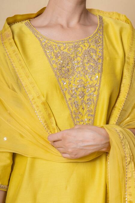 Shop_Kameez_Yellow Chanderi, Organza Embroidery, Bright Amber Marori Work Kurta Set _Online_at_Aza_Fashions