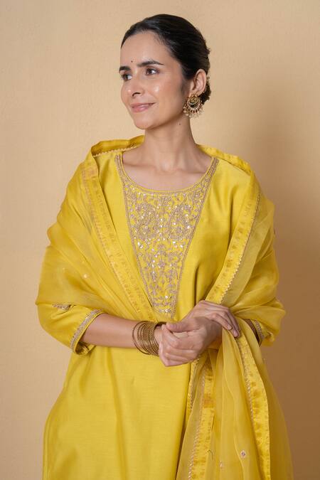Shop_Kameez_Yellow Chanderi, Organza Embroidery, Bright Amber Marori Work Kurta Set 