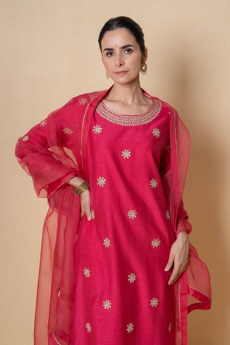 Shop_Kameez_Red Chanderi, Organza Embroidery, Lace Round Cherry Dusk Marori Work Kurta Set _Online_at_Aza_Fashions