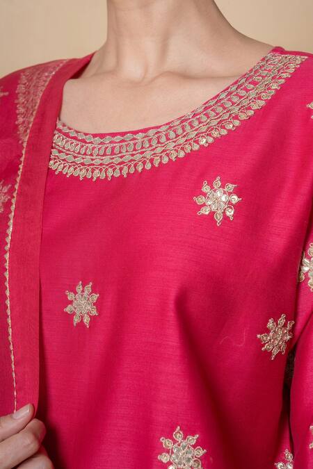 Buy_Kameez_Red Chanderi, Organza Embroidery, Lace Round Cherry Dusk Marori Work Kurta Set 
