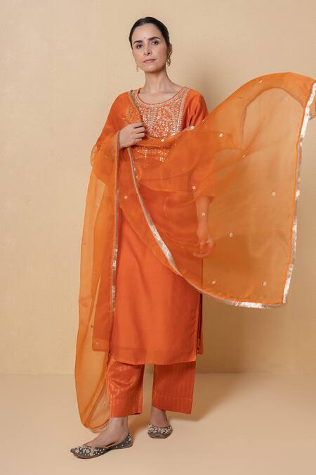 Kameez_Orange Chanderi, Organza Embroidery, Sequins, Orchid Marori Work Kurta Set _at_Aza_Fashions
