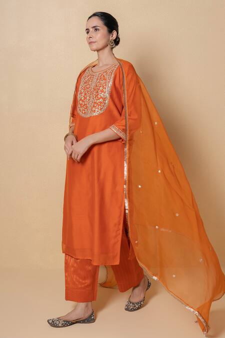 Buy_Kameez_Orange Chanderi, Organza Embroidery, Sequins, Orchid Marori Work Kurta Set 