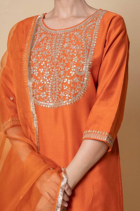 Shop_Kameez_Orange Chanderi, Organza Embroidery, Sequins, Orchid Marori Work Kurta Set 