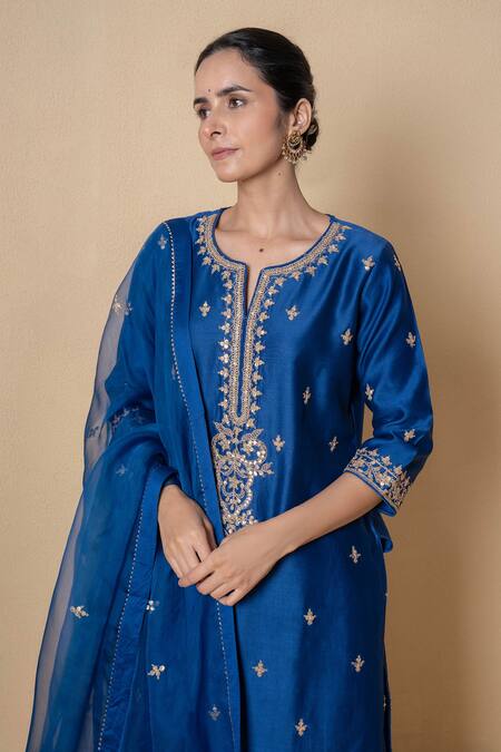 Kameez_Blue Chanderi, Organza Embroidery, Lace Split Yale Marori Work Kurta Set _Online_at_Aza_Fashions