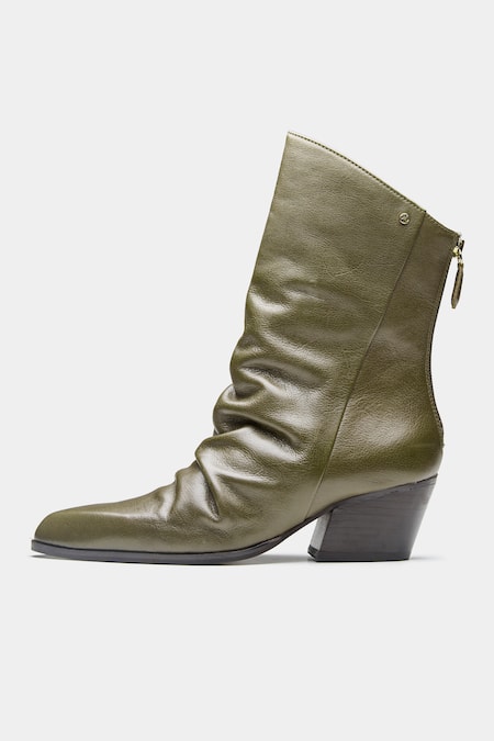 Oroh_Olive Green Ligia Ruched Front Block Heel Ankle Boots _at_Aza_Fashions