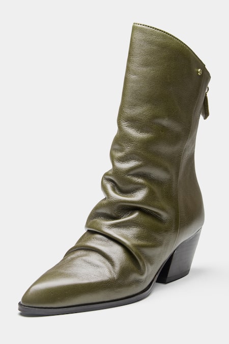 Shop_Oroh_Olive Green Ligia Ruched Front Block Heel Ankle Boots 
