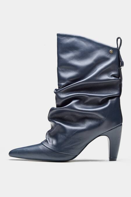 Oroh_Blue Adriana Ruched Genuine Leather Ankle Boots _at_Aza_Fashions