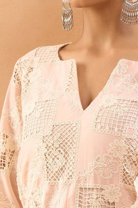 Shop_Neha Mehta Couture_Blush Cotton, Silk Cut Work, Embroidery, Sequins, Geometric Cutwork Kurta Set _Online_at_Aza_Fashions