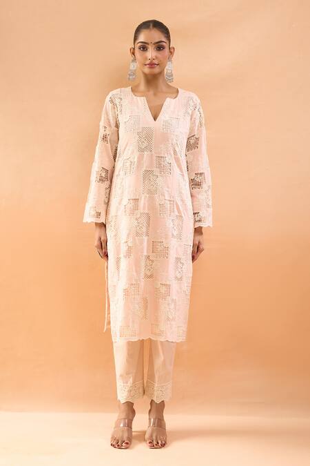 Neha Mehta Couture_Blush Cotton, Silk Cut Work, Embroidery, Sequins, Geometric Cutwork Kurta Set _at_Aza_Fashions