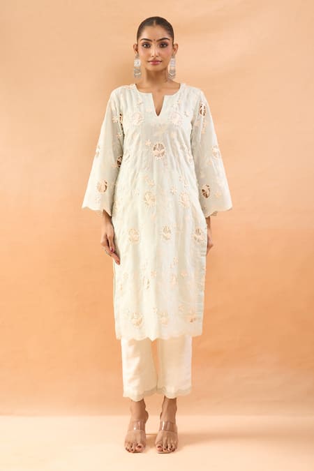 Shop_Neha Mehta Couture_Green Silk Cut Work, Embroidery Split V-neck Scalloped Cutwork Kurta Set _Online_at_Aza_Fashions