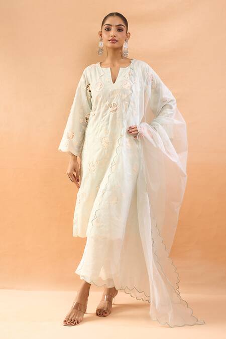 Neha Mehta Couture_Green Silk Cut Work, Embroidery Split V-neck Scalloped Cutwork Kurta Set _at_Aza_Fashions