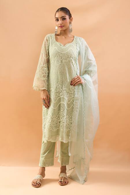 Buy_Neha Mehta Couture_Green Organza Embroidery, Lace V-neck Straight Kurta Set _Online_at_Aza_Fashions