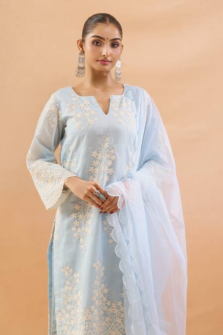 Buy_Neha Mehta Couture_Blue Silk, Organza Embroidery Split V-neck Kurta Pant Set _Online_at_Aza_Fashions