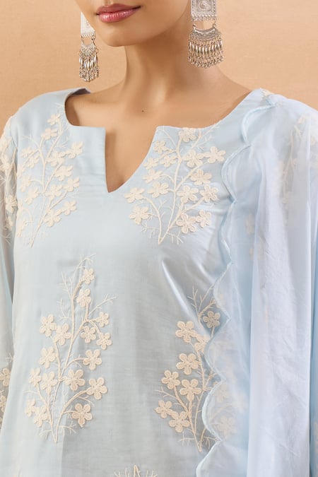 Neha Mehta Couture_Blue Silk, Organza Embroidery Split V-neck Kurta Pant Set _at_Aza_Fashions