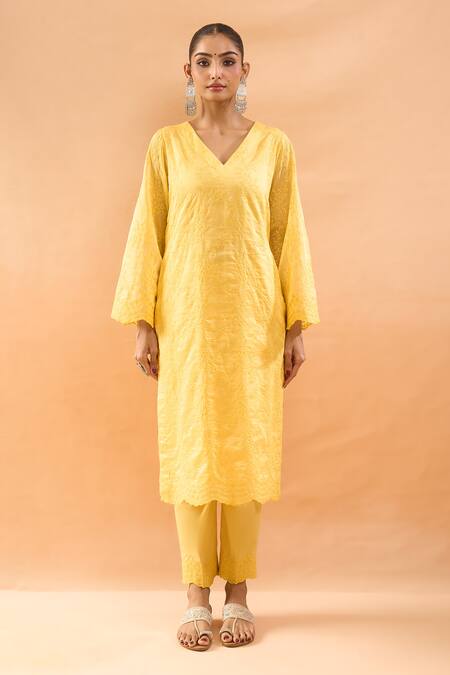 Shop_Neha Mehta Couture_Yellow Silk Embroidery V-neck Kurta And Pant Set _Online_at_Aza_Fashions