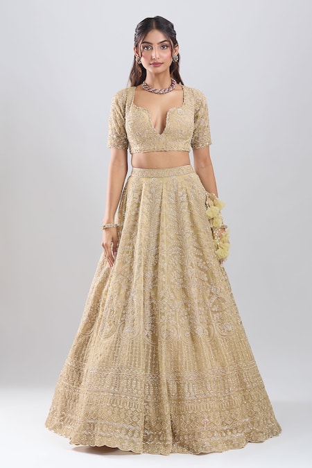 Azeera_Gold Organza Embroidery, Sequins V-neck Bridal Lehenga Set _Online_at_Aza_Fashions