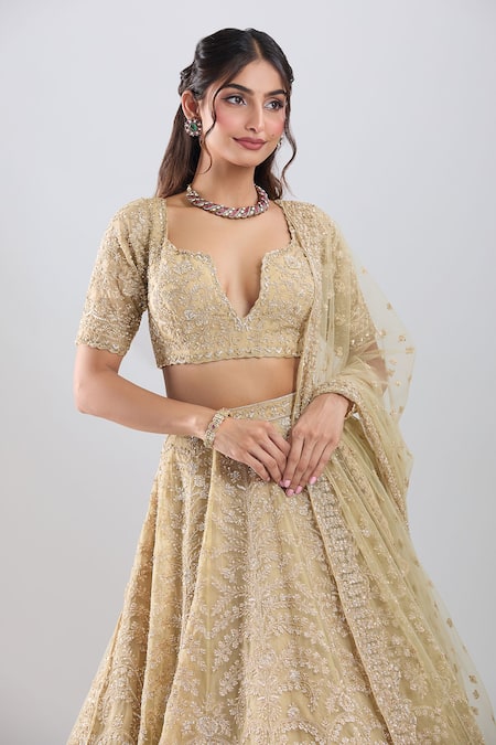 Buy_Azeera_Gold Organza Embroidery, Sequins V-neck Bridal Lehenga Set _Online_at_Aza_Fashions