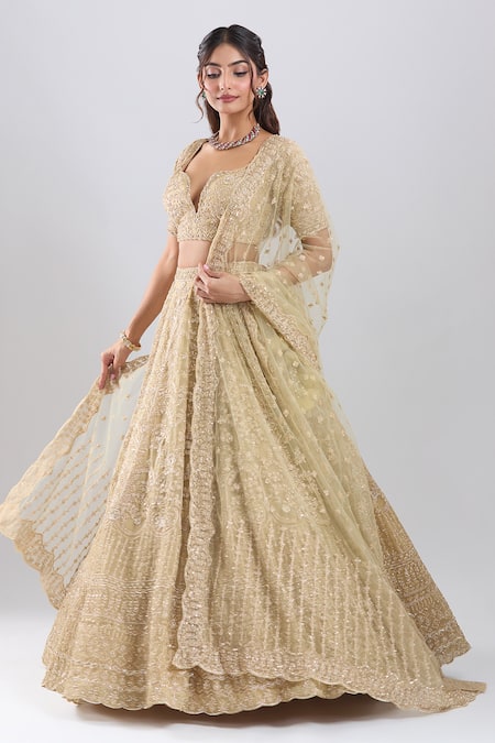Shop_Azeera_Gold Organza Embroidery, Sequins V-neck Bridal Lehenga Set _Online_at_Aza_Fashions
