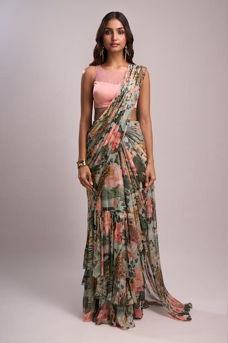 Buy_Aza X Shilpa Shetty Kundra_Multi Color Lurex, Botanical Print Pre-draped Layered Saree With Blouse _Online_at_Aza_Fashions