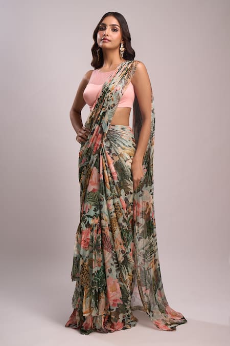 Shop_Aza X Shilpa Shetty Kundra_Multi Color Lurex, Botanical Print Pre-draped Layered Saree With Blouse _Online_at_Aza_Fashions