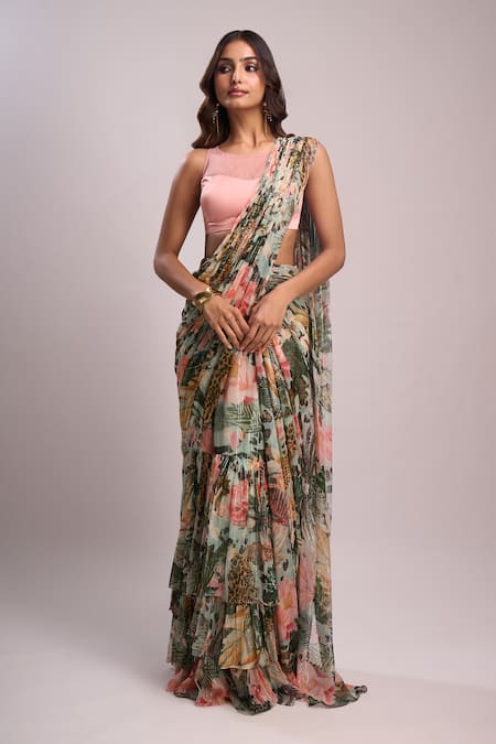 Aza X Shilpa Shetty Kundra_Multi Color Lurex, Botanical Print Pre-draped Layered Saree With Blouse _at_Aza_Fashions