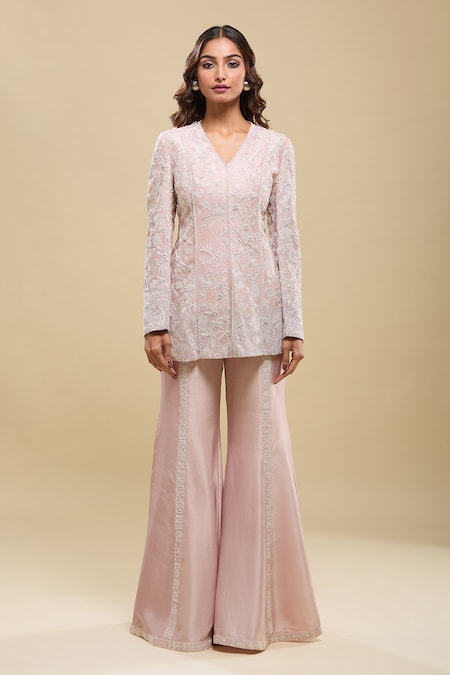 Mishru_Pink Embroidery, Lace V-neck Husna Kurta Bell Pant Set _Online_at_Aza_Fashions