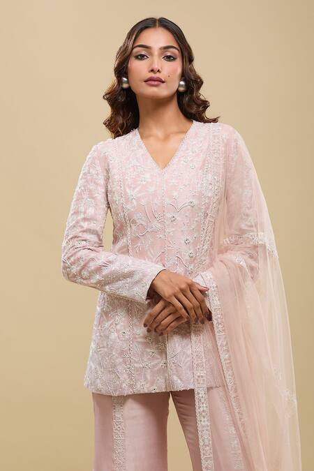 Buy_Mishru_Pink Embroidery, Lace V-neck Husna Kurta Bell Pant Set _Online_at_Aza_Fashions